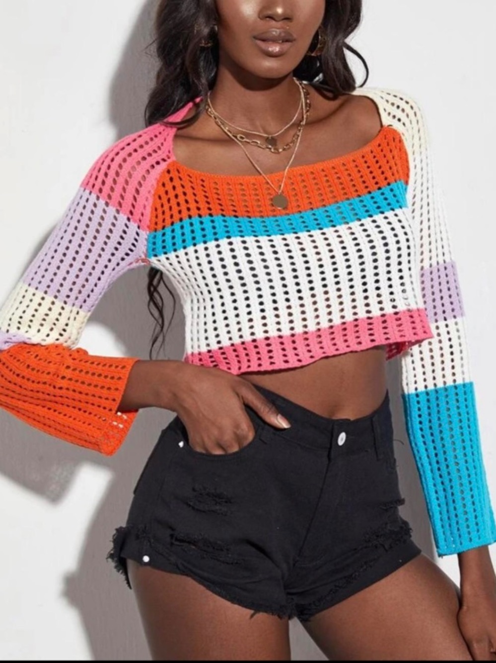 < Colorful Crochet Knit Cropped Long Sleeve Sweater Top >